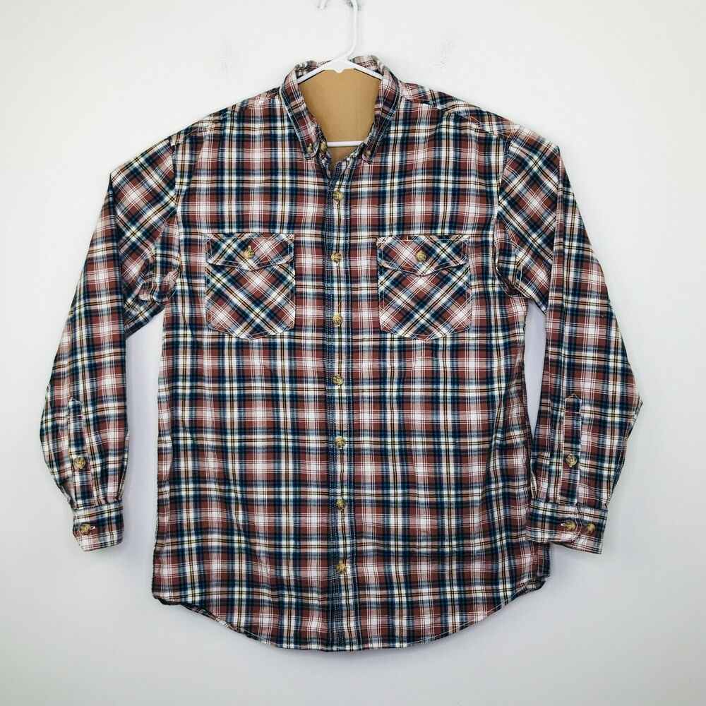 Duluth Men's Large Tall Shirt Brown Blue Plaid Relaxed Cotton Button Up BS5